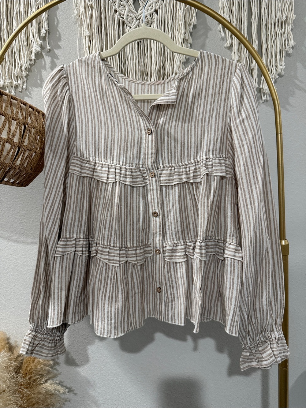 Striped Button-Front Tiered Peasant Blouse - Cream & Taupe